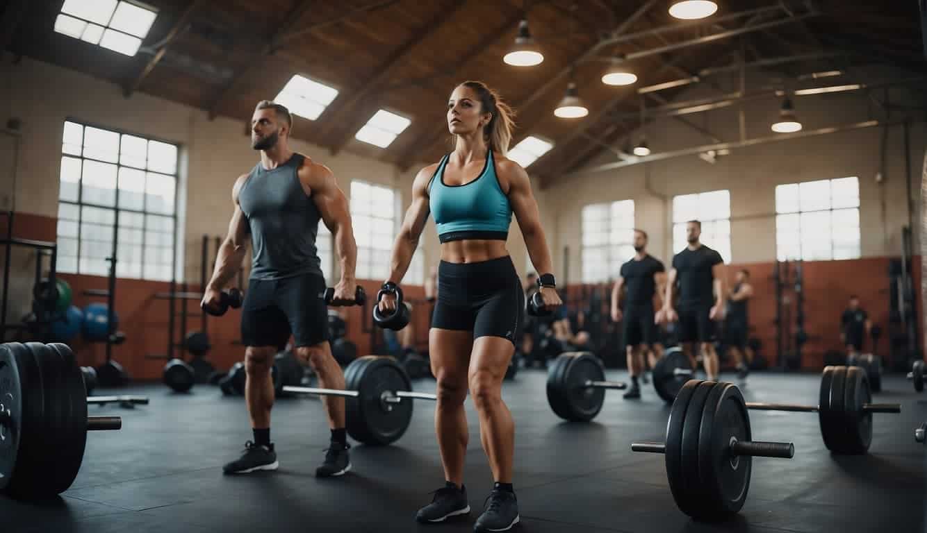 A bustling CrossFit gym with athletes lifting weights, jumping on boxes, and swinging kettlebells. Loud music and energetic atmosphere