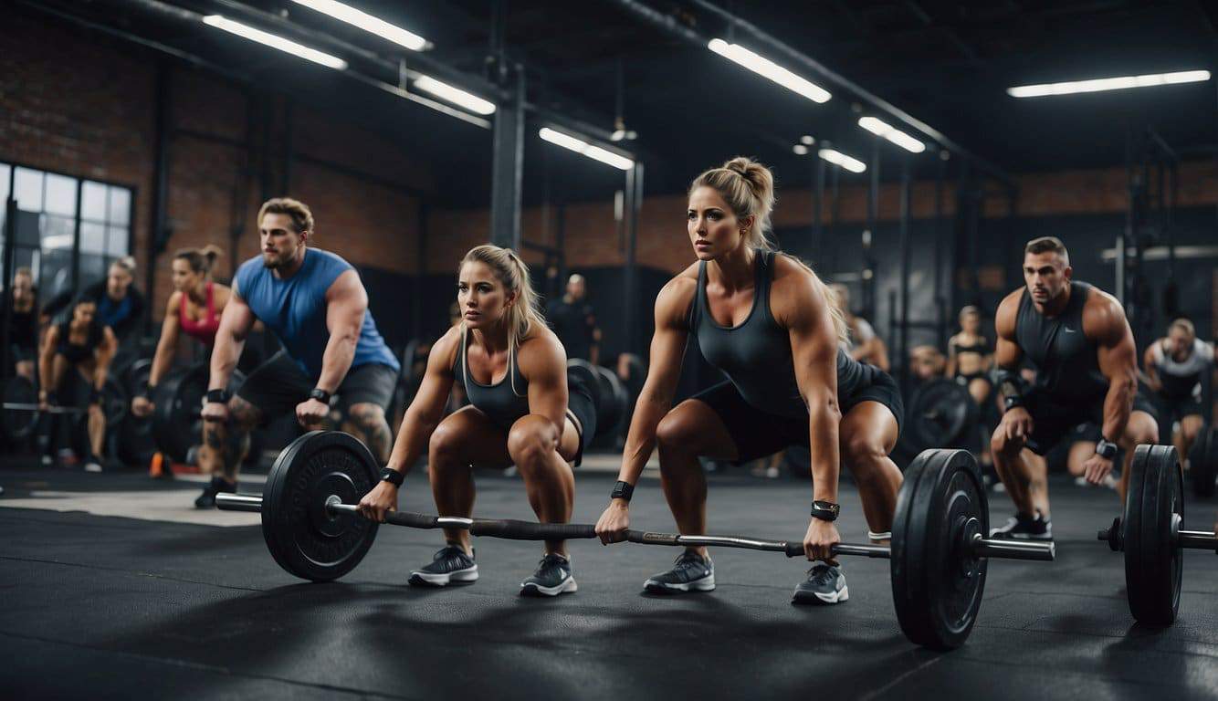 A group of athletes are performing various CrossFit exercises in a well-equipped gym, with weights, ropes, and other training equipment scattered around the space