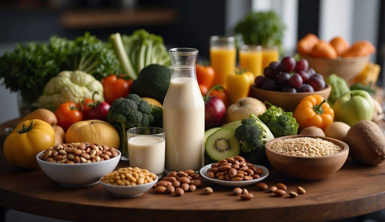 A table with a variety of healthy foods: vegetables, fruits, lean meats, nuts, and whole grains. A water bottle and protein shake sit nearby