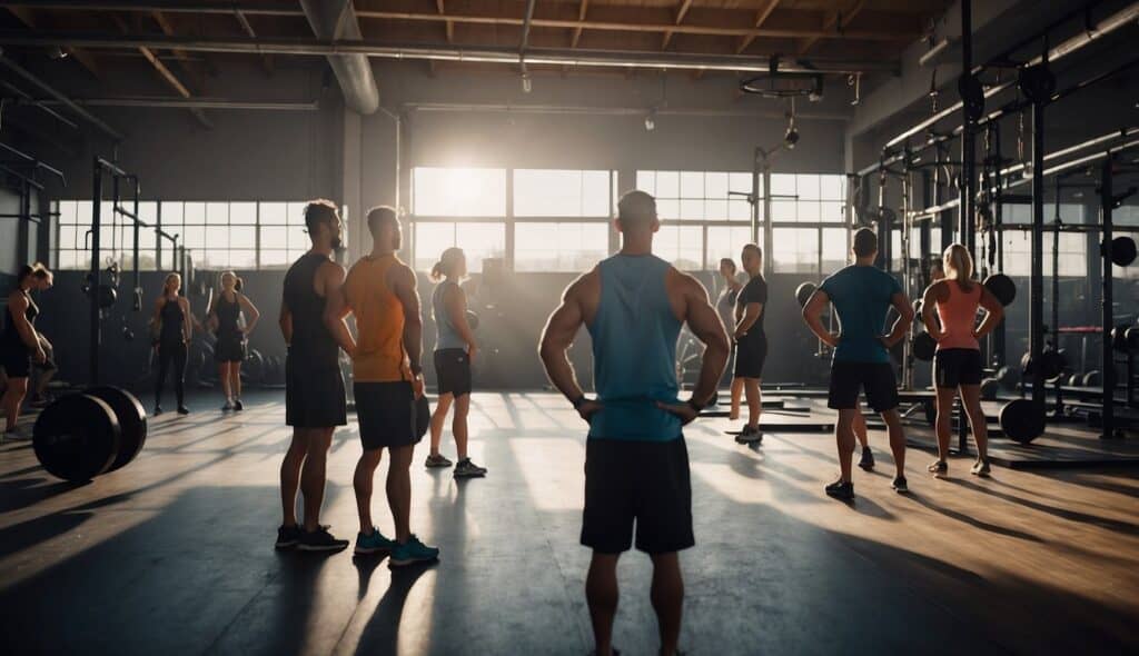 A group of people gather in a gym, equipment scattered around. A banner with "CrossFit" hangs on the wall. A coach leads a workout session