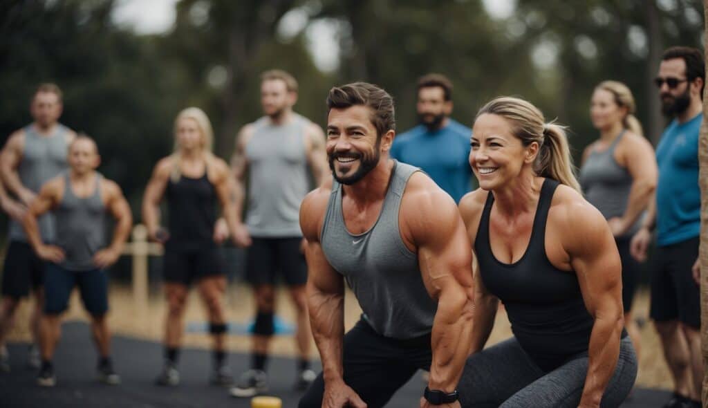 A group of people engaging in CrossFit exercises in a community setting, with equipment and a sense of camaraderie