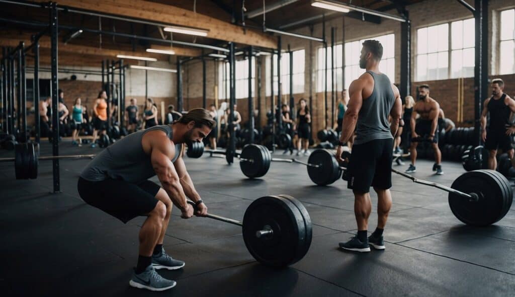 A crowded CrossFit gym with intense workouts and diverse equipment. Trainers instructing, athletes sweating, and motivational quotes on the walls