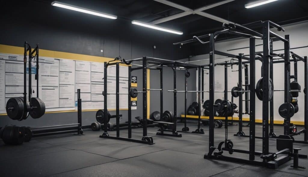 A CrossFit gym with equipment and training plans on a whiteboard