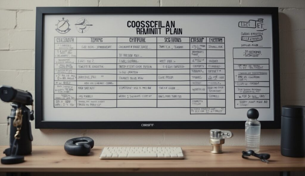 A whiteboard with a detailed CrossFit training plan, surrounded by various exercise equipment and a stopwatch