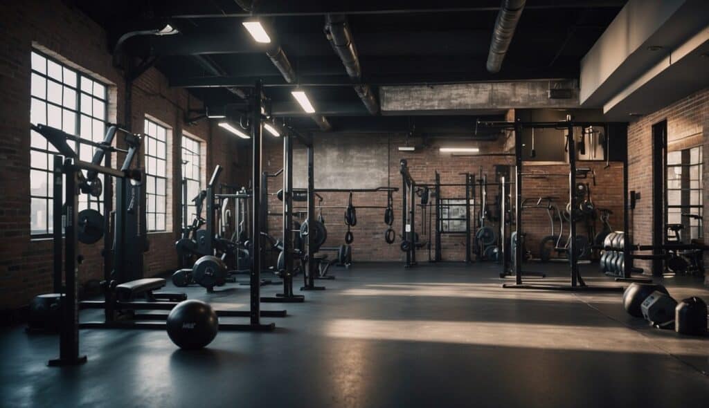 A gym with various CrossFit equipment and training plans displayed on a wall