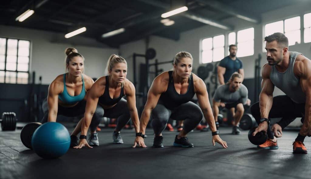 A group of athletes performing advanced CrossFit exercises in a spacious gym, with various equipment and intense focus on their training plans