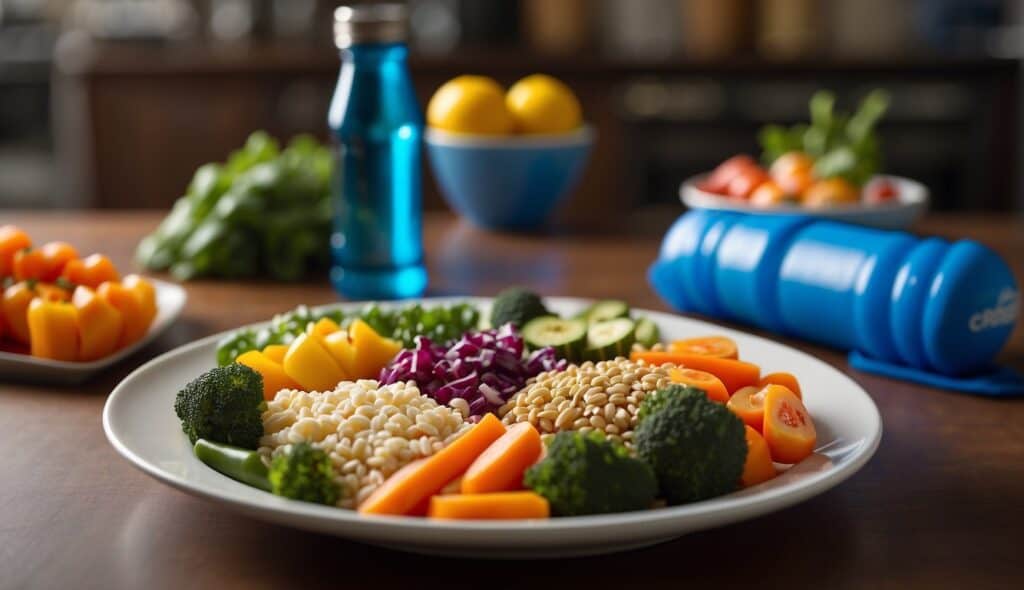 A plate with a balanced meal of lean protein, complex carbs, and colorful vegetables, alongside a water bottle and a CrossFit logo in the background