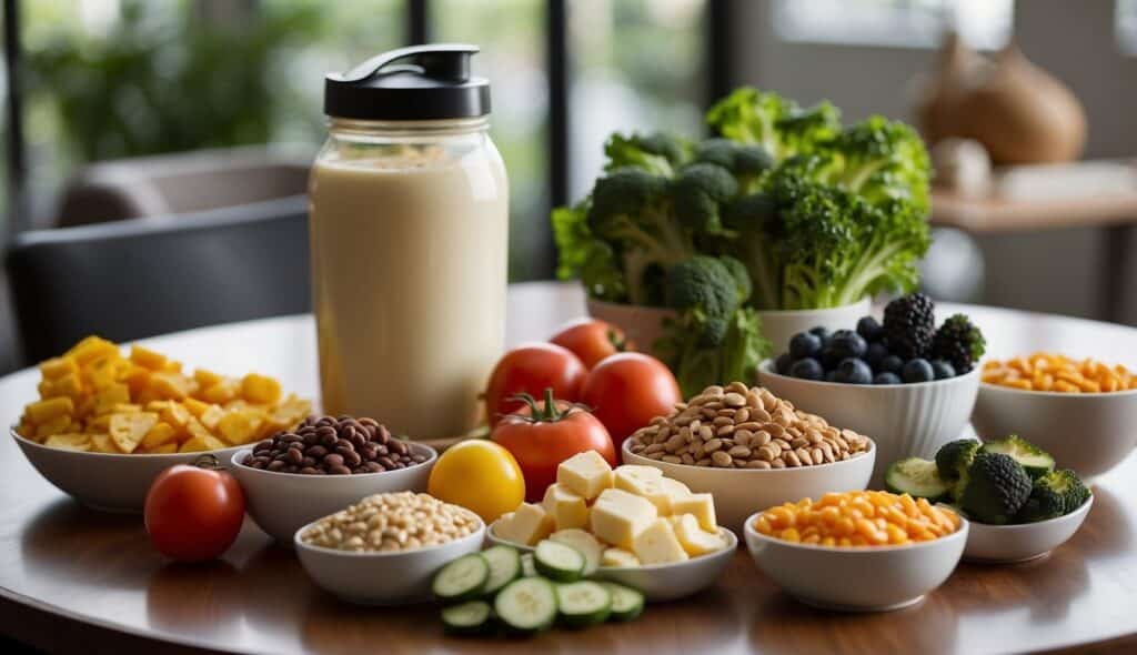 A table filled with healthy food options, including lean proteins, vegetables, and complex carbohydrates. A water bottle and protein shake sit nearby