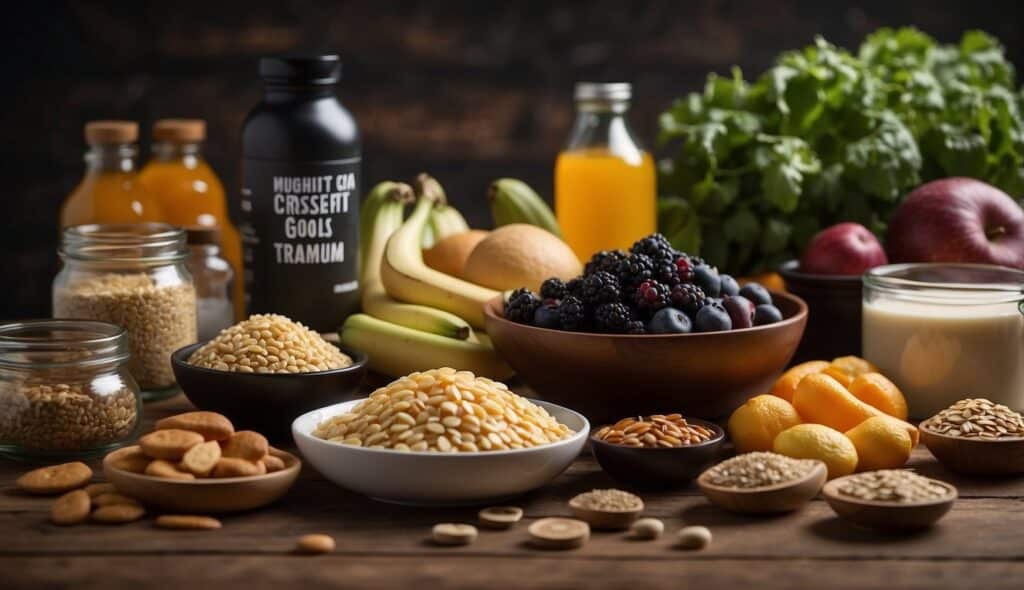 A table with various foods and supplements labeled for specific CrossFit training goals