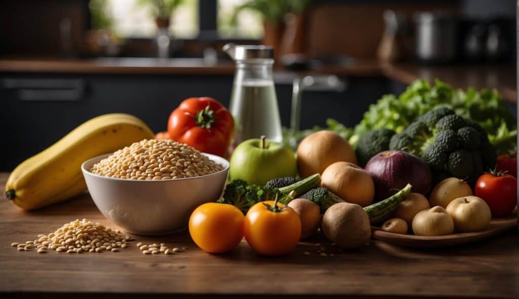 A table with various nutrient-dense foods, such as lean meats, vegetables, fruits, and whole grains, alongside a shaker bottle and water jug