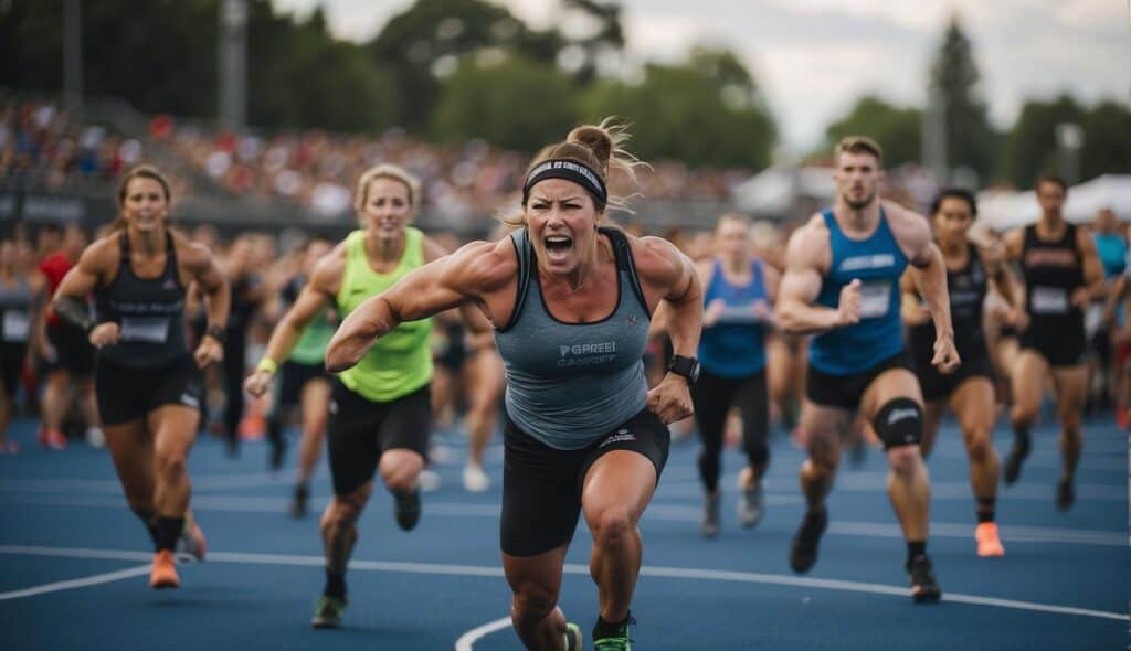 Athletes compete in CrossFit Games, showcasing strength and endurance. Spectators cheer and support, while sponsors promote products. The event fosters community and healthy competition